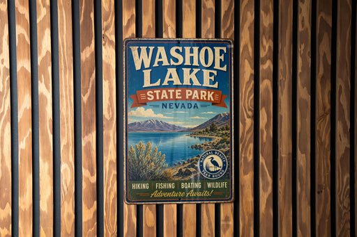 A vintage metal sign for Washoe Lake State Park, Nevada, featuring a scenic landscape with mountains, a lake, and various outdoor activities such as hiking, fishing, and boating.