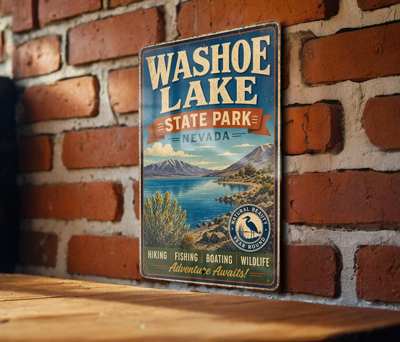 A vintage-style metal sign for Washoe Lake State Park in Nevada, featuring a scenic landscape with mountains, a lake, and various outdoor activities such as hiking, fishing, and wildlife watching.