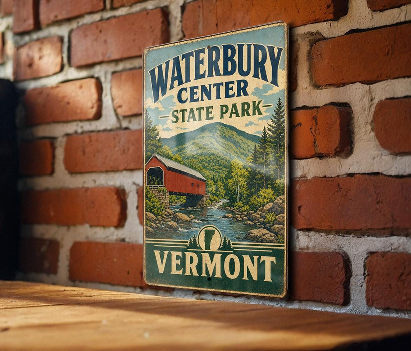 A vintage-style metal sign for Waterbury Center State Park in Vermont, featuring a red wooden bridge and a scenic mountain landscape.