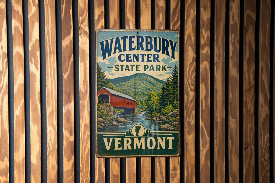 A vintage metal sign for Waterbury Center State Park in Vermont, featuring a red barn and a scenic mountain landscape.