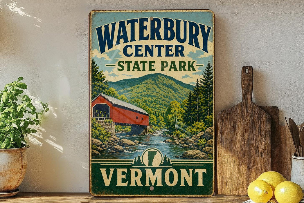 A vintage-style sign for Waterbury Center State Park in Vermont, featuring a red wooden bridge over a river surrounded by mountains and pine trees.