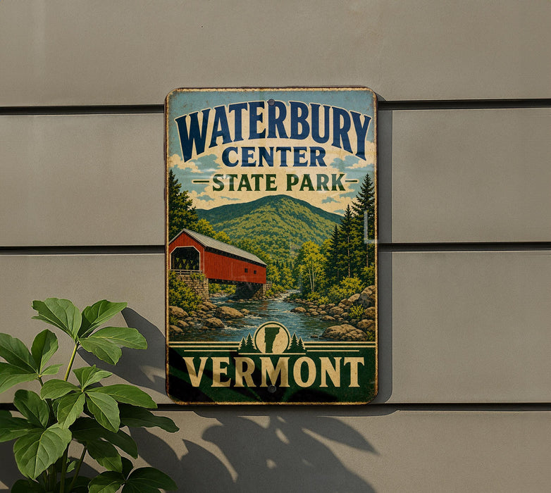 A vintage-style sign for Waterbury Center State Park in Vermont, featuring a red wooden bridge and a scenic mountain landscape.