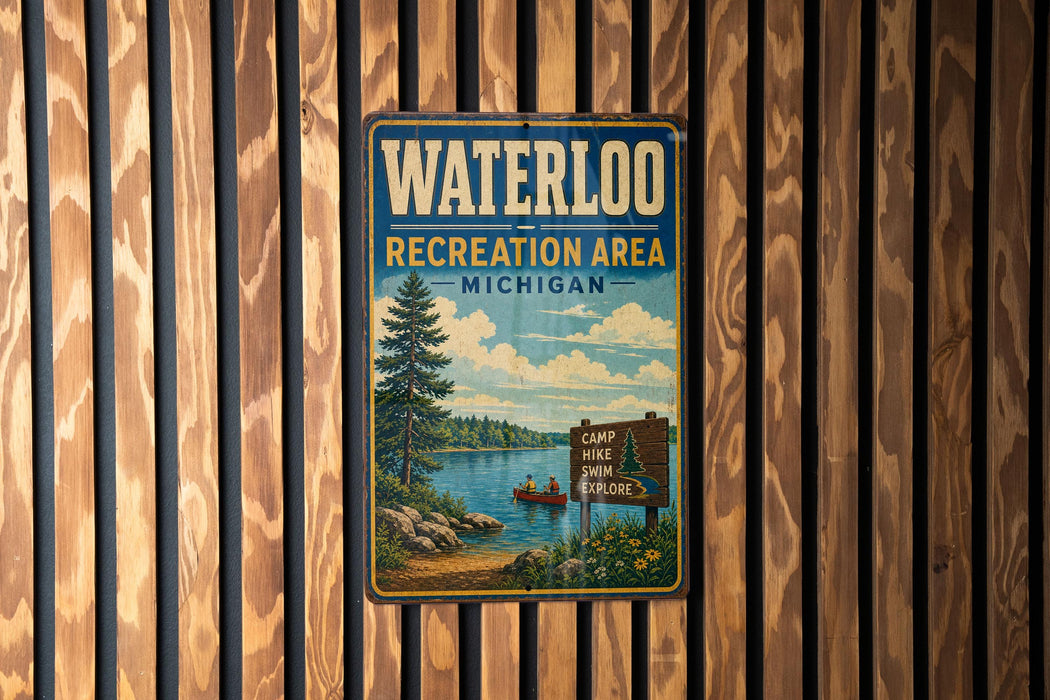 A vintage metal sign for the Waterloo Recreation Area in Michigan, featuring a scenic illustration of a lake, pine trees, and a red canoe.