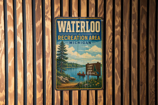 A vintage metal sign for the Waterloo Recreation Area in Michigan, featuring a scenic illustration of a lake, pine trees, and a red canoe.