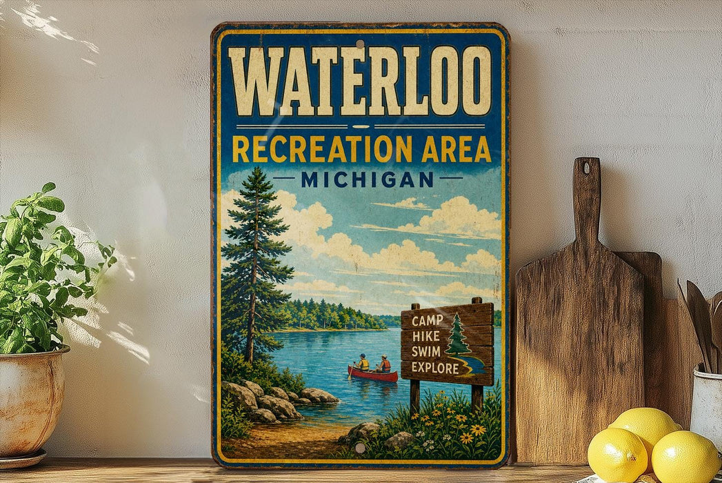 A vintage-style metal sign for the Waterloo Recreation Area in Michigan, featuring a scenic landscape with a lake, pine trees, and people enjoying outdoor activities.
