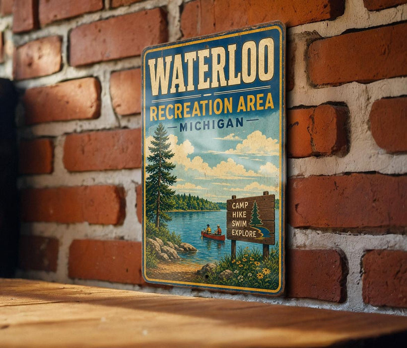 A vintage metal sign for the Waterloo Recreation Area in Michigan, featuring a scenic illustration of a lake, a forest, and a sign indicating the location of a camp, hike, swim, and explore area.
