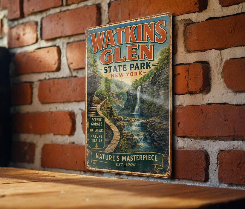 A vintage metal sign for Watkins Glen State Park in New York, featuring a scenic waterfall and hiking trails.
