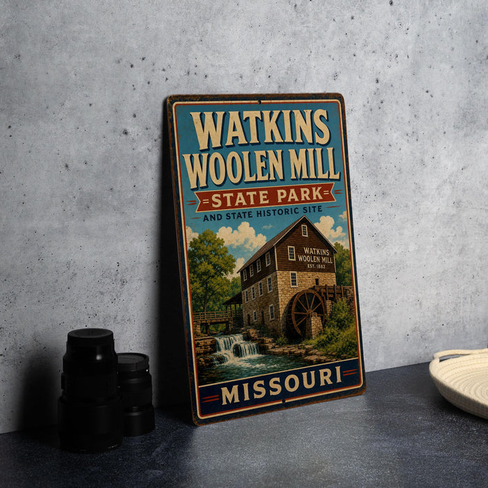 A vintage metal sign for Watkins Woolen Mill, a state historic site in Missouri, featuring an illustration of the mill and a waterfall.