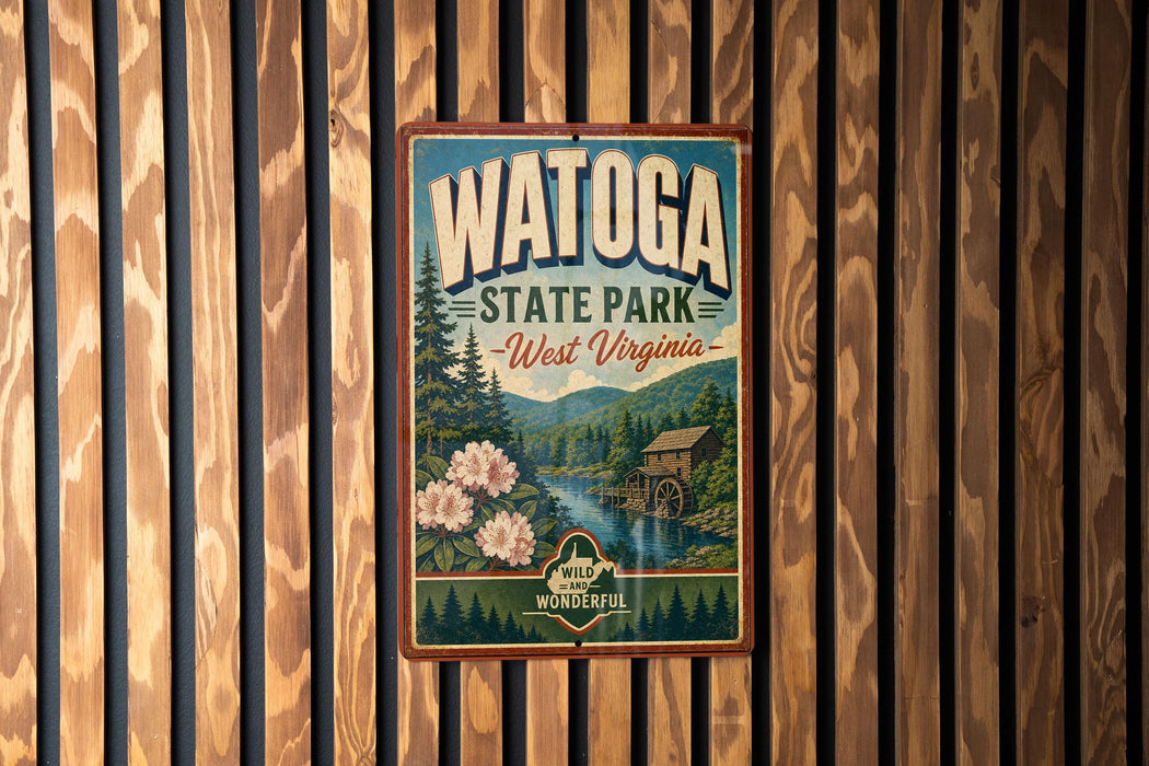 A vintage-style poster for Watoga State Park in West Virginia, featuring a scenic landscape with a river, pine trees, and a wooden cabin.
