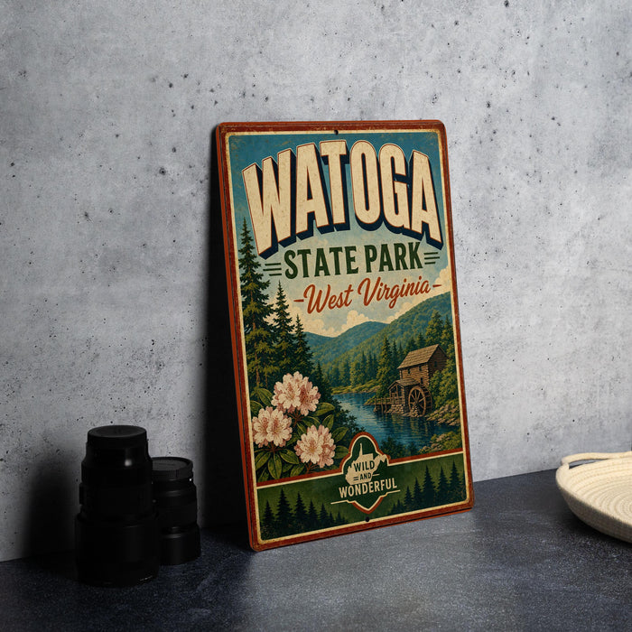A vintage-style sign for Watoga State Park in West Virginia, featuring a scenic illustration of the park and its surroundings.