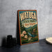 A vintage-style sign for Watoga State Park in West Virginia, featuring a scenic illustration of the park and its surroundings.