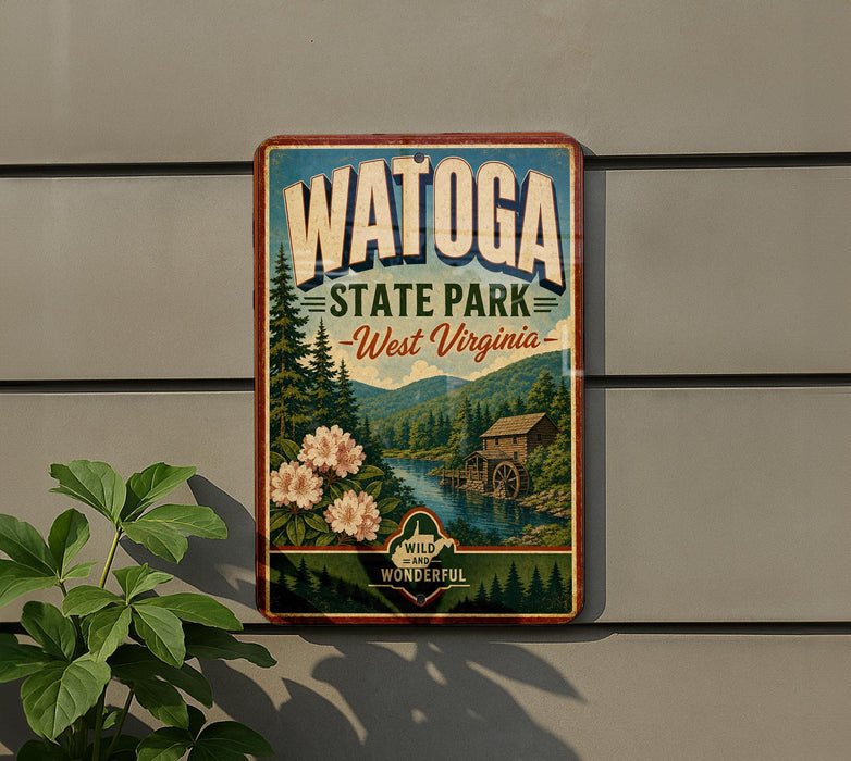 A vintage-style metal sign for Watoga State Park in West Virginia, featuring a scenic landscape with a river, pine trees, and a wooden cabin.