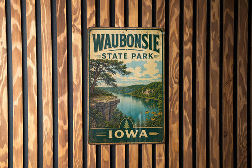 A vintage metal sign for Waubonsie State Park in Iowa, featuring a scenic landscape with a river and a cliff.