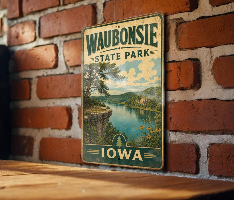 A vintage metal sign for Waubonsie State Park in Iowa, featuring a scenic landscape with a river and mountains.