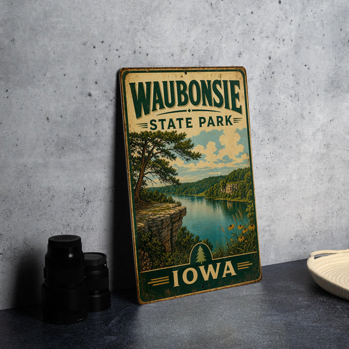 A vintage metal sign for Waubonsie State Park in Iowa, featuring a scenic landscape with a lake and mountains.