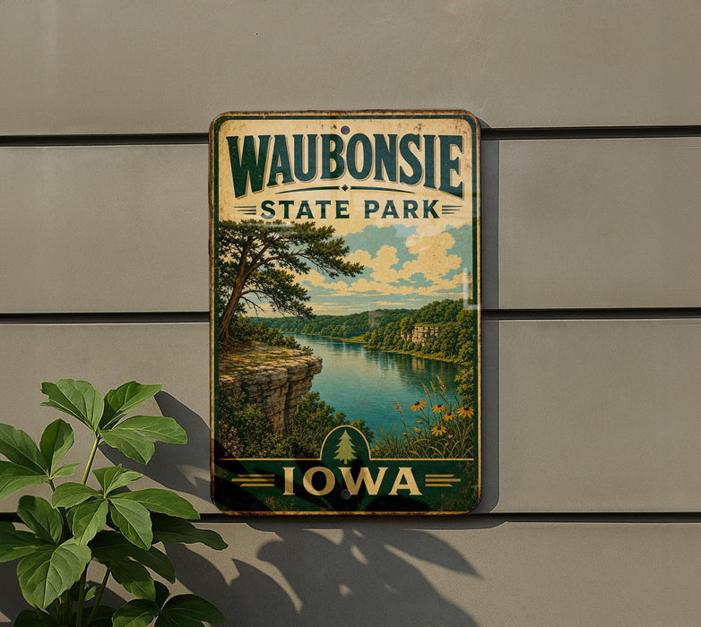 A vintage-style metal sign for Waubonsie State Park in Iowa, featuring a scenic landscape with a river, trees, and a cliff.