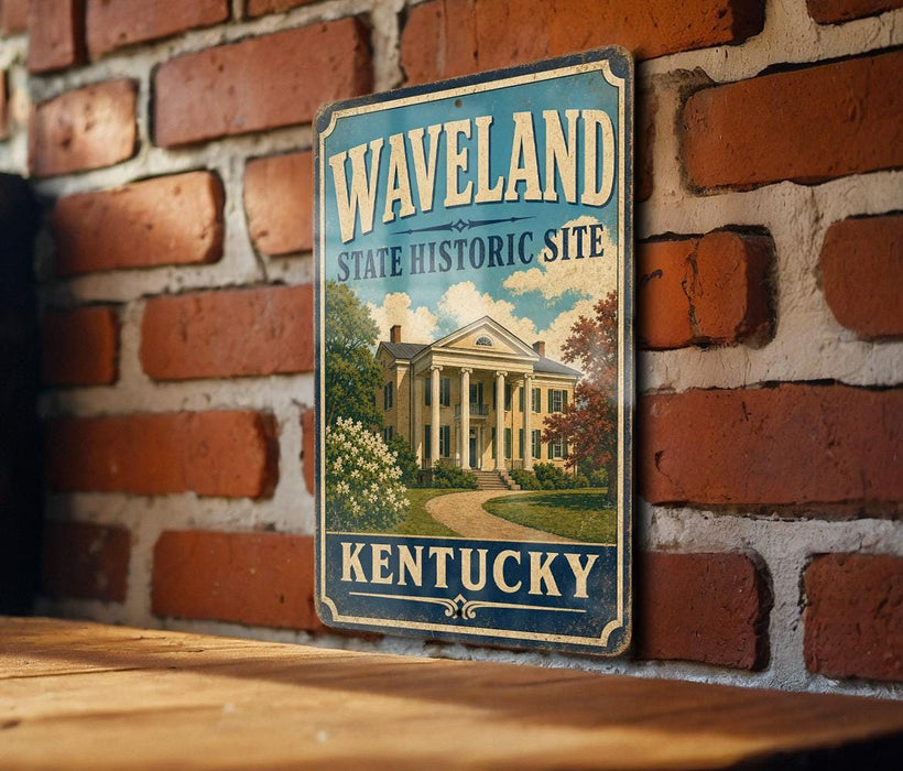 A vintage-style metal sign for the state historic site of Kentucky, featuring a large illustration of a historic building surrounded by trees and a path leading up to it.