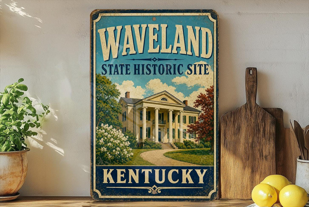 A vintage-style sign for the state historic site of Waveland, Kentucky, featuring a large illustration of a historic building surrounded by trees and flowers.