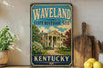 A vintage-style sign for the state historic site of Waveland, Kentucky, featuring a large illustration of a historic building surrounded by trees and flowers.