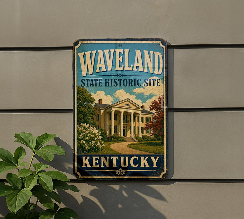 A vintage-style sign for the state historic site of Kentucky, featuring a large building surrounded by trees and a path leading up to it.