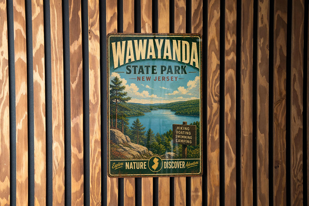 A vintage metal sign for Wawayanda State Park in New Jersey, featuring a scenic landscape with a lake, mountains, and pine trees.