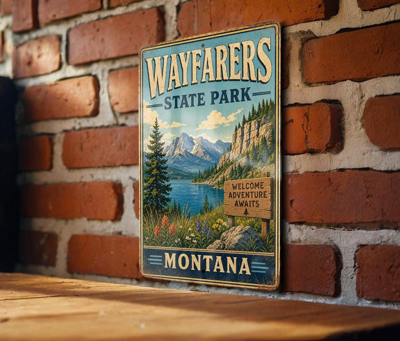 A vintage metal sign for Wayfarers State Park in Montana, featuring a scenic mountain landscape with a lake and pine trees.