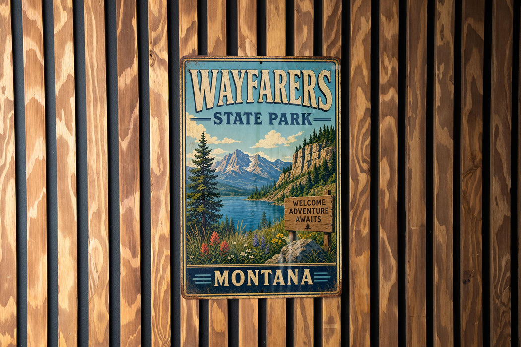 A vintage metal sign for Wayfarers State Park in Montana, featuring a scenic mountain landscape and a welcoming message.
