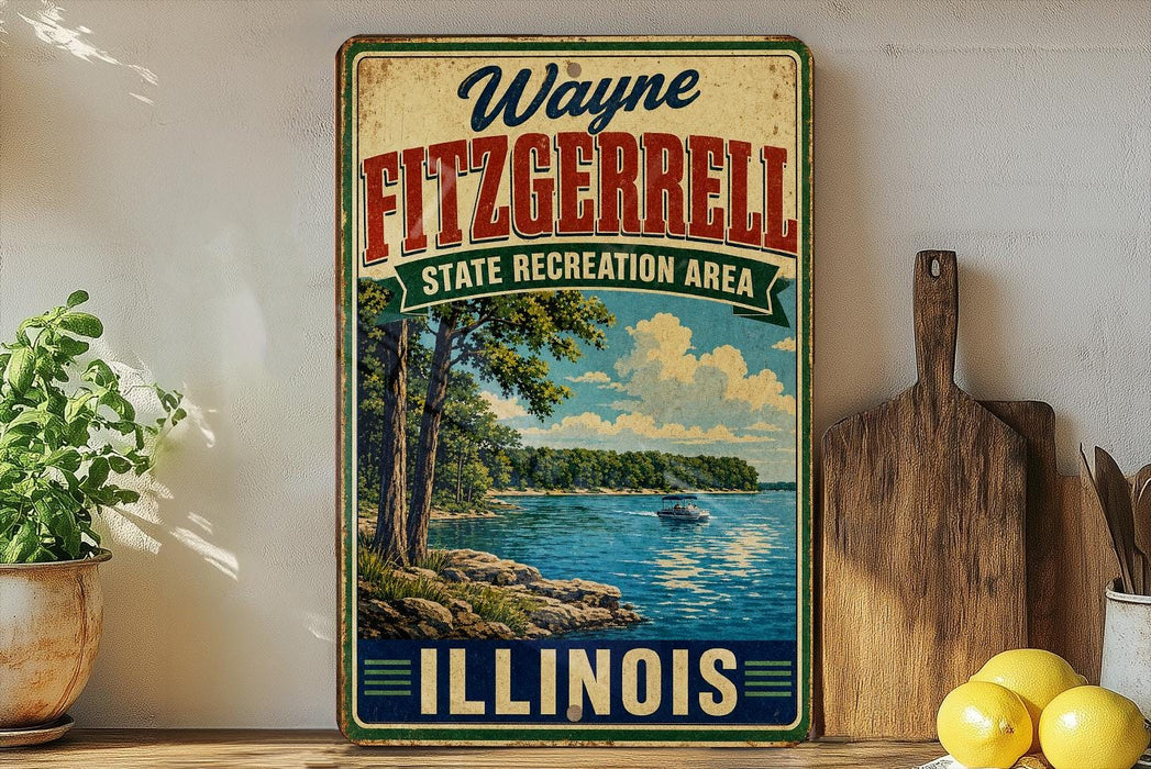 A vintage-style sign for Wayne Fitzgerald State Recreation Area in Illinois, featuring a scenic landscape with a lake and trees.