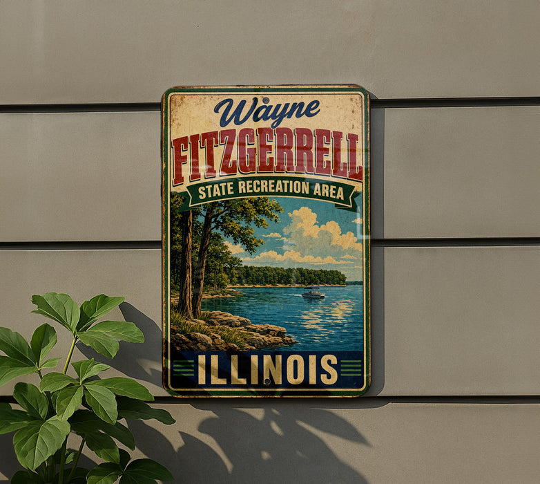 A vintage-style metal sign for the Illinois State Recreation Area, featuring a scenic landscape with a lake, trees, and a boat.