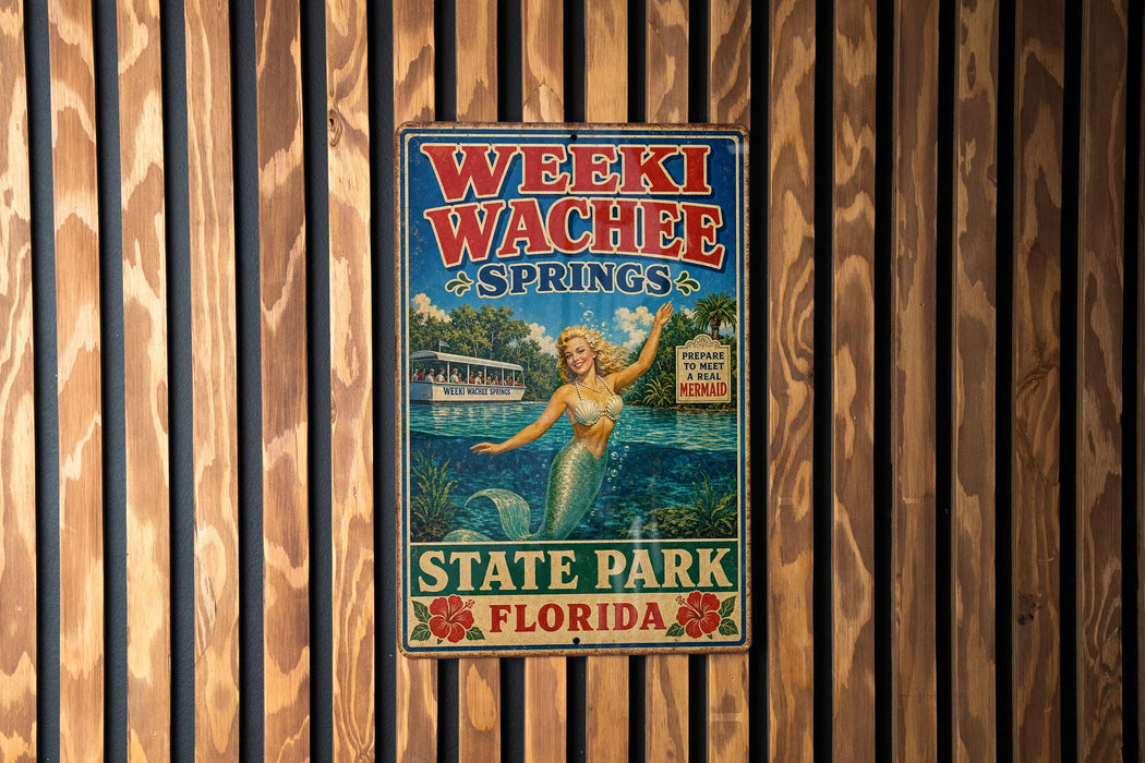 A vintage-style metal sign for Weeki Wachee Springs, Florida, featuring a mermaid and a boat on a lake.