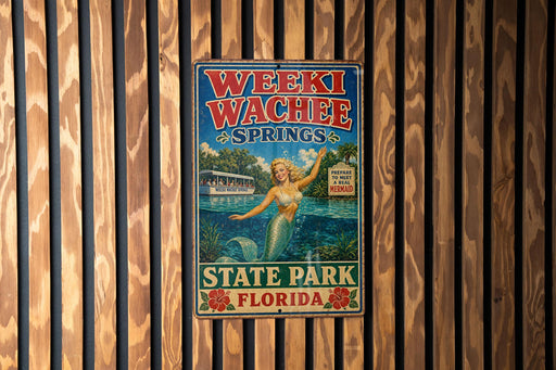 A vintage-style metal sign for Weeki Wachee Springs, Florida, featuring a mermaid and a boat on a lake.