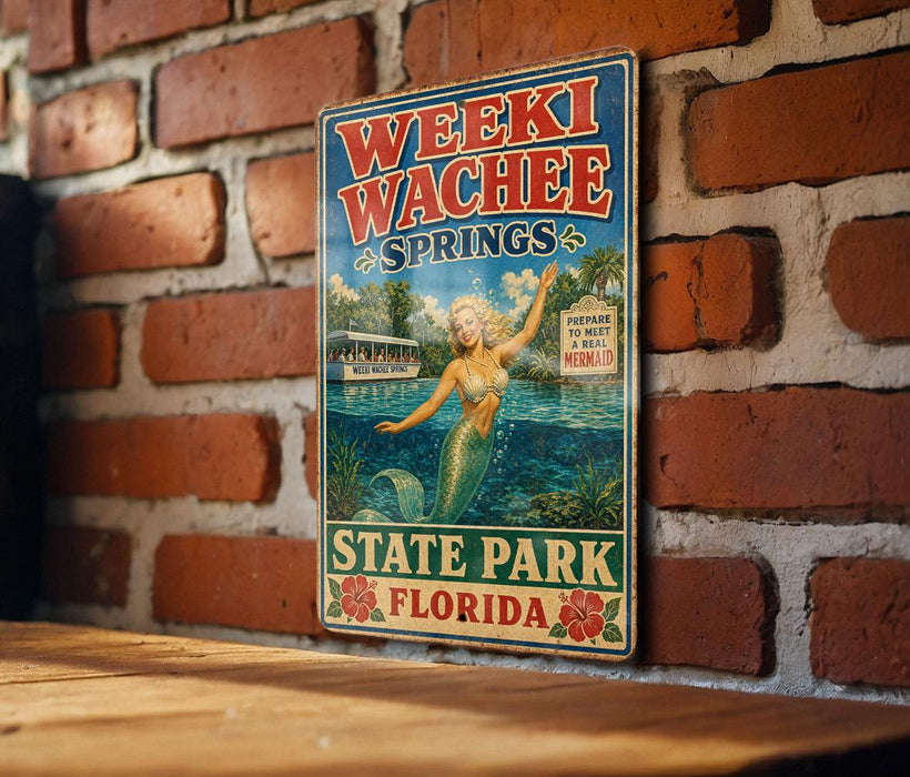 A vintage-style sign for Weeki Wachee Springs, Florida, featuring a mermaid illustration and text.
