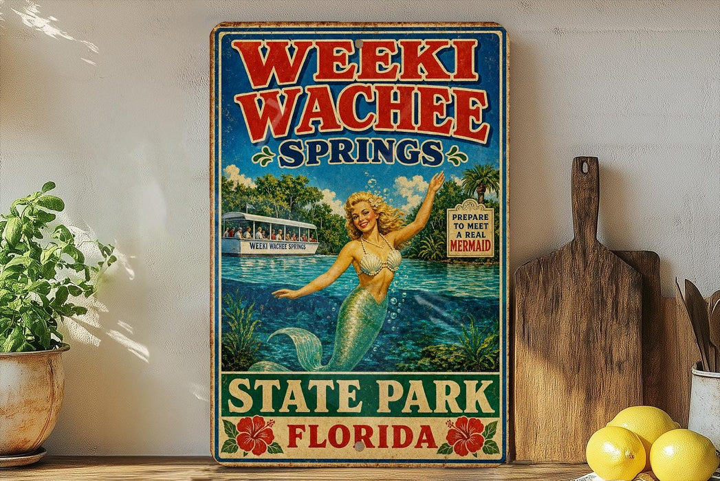 A vintage-style poster advertising Weeki Wachee Springs, featuring a mermaid and a boat on a lake, with the text "Weeki Wachee Springs State Park, Florida" and "Welcome to the Real mermaid".