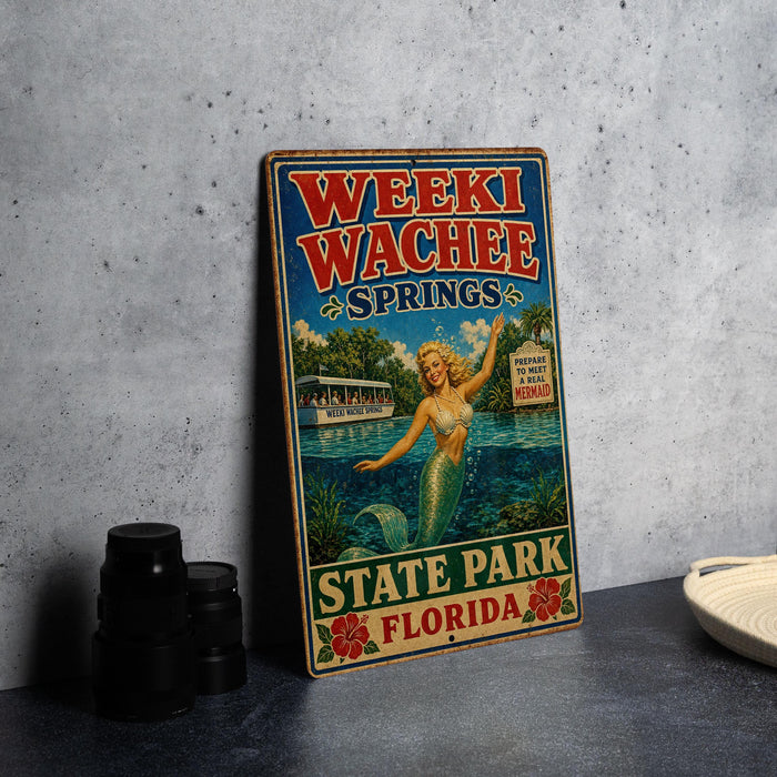 A vintage-style sign for Weeki Wachee Springs, featuring a mermaid and the text "Weeki Wachee Springs State Park, Florida".
