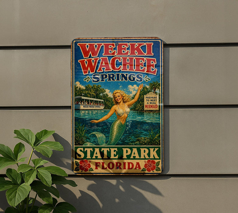 A vintage-style sign for Weeki Wachee Springs, featuring a mermaid and the text "Weeki Wachee Springs State Park, Florida".