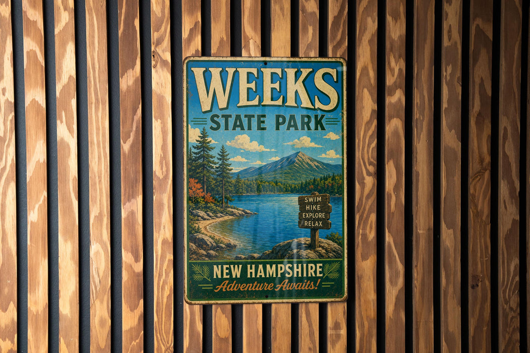 A vintage metal sign for Weeks State Park, featuring a scenic landscape with a lake, mountains, and pine trees, mounted on a wooden wall.