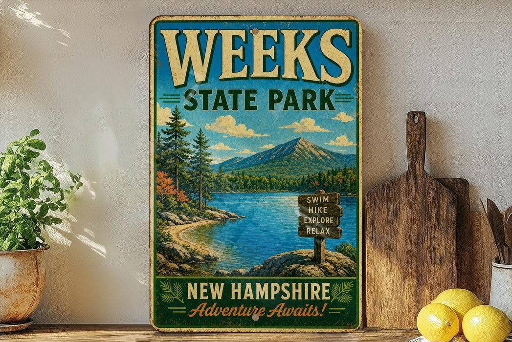 A vintage-style metal sign for Weeks State Park in New Hampshire, featuring a scenic landscape with a lake, mountains, and pine trees.