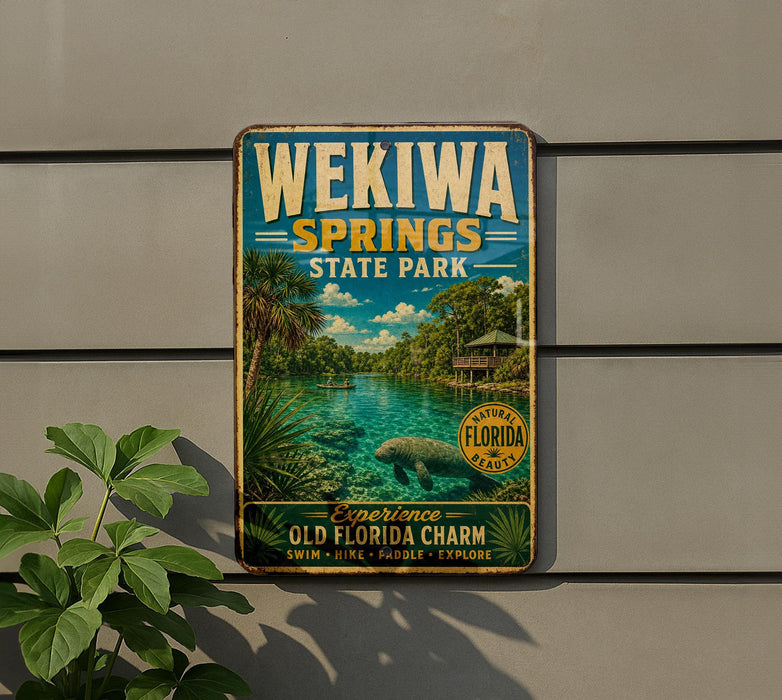 A vintage-style metal sign for Wekia Springs State Park, featuring a scenic image of the park's natural beauty and inviting visitors to experience the Old Florida Charm.