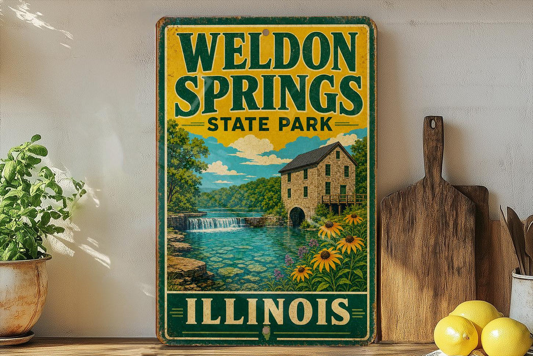 A vintage-style sign for Weldon Springs State Park in Illinois, featuring a scenic illustration of a river, waterfall, and surrounding landscape.