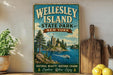 A vintage-style sign for Wellesley Island State Park in New York, featuring a scenic illustration of the island with a castle, boats, and a lake.