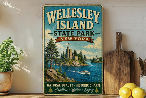 A vintage-style sign for Wellesley Island State Park in New York, featuring a scenic illustration of the island with a castle, boats, and a lake.