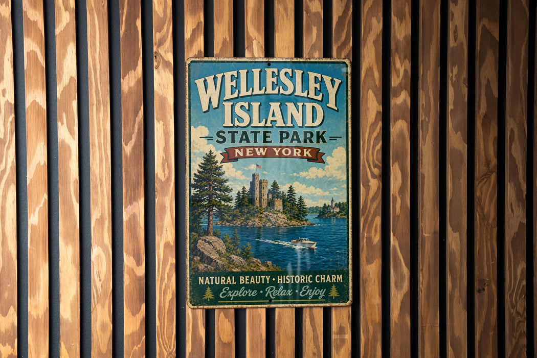 A vintage-style metal sign for Wellesley Island State Park in New York, featuring a scenic illustration of the island and its surrounding landscape.