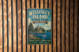 A vintage-style metal sign for Wellesley Island State Park in New York, featuring a scenic illustration of the island and its surrounding landscape.