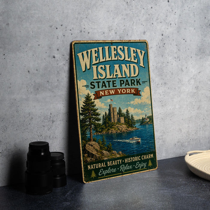 A vintage-style metal sign for Wellesley Island State Park in New York, featuring a scenic illustration of the park's natural beauty and historic charm.