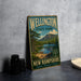 A vintage-style metal sign for Wellington State Park in New Hampshire, featuring a scenic landscape with a lake and mountains.