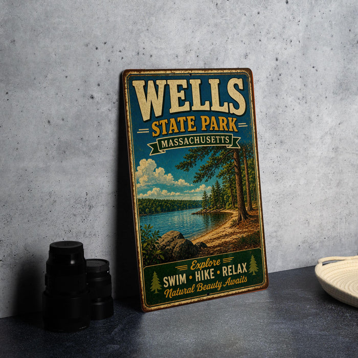 A vintage metal sign for Wells State Park in Massachusetts, featuring a scenic landscape with a lake, mountains, and pine trees.
