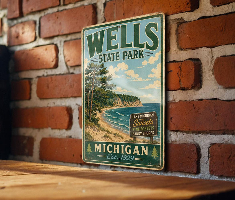 A vintage metal sign for Wells State Park, featuring a scenic landscape with a lake, mountains, and forests.