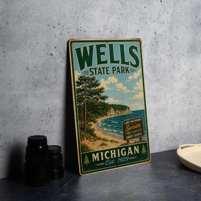 A vintage metal sign for Wells State Park, featuring a scenic landscape with pine trees, a lake, and a beach.