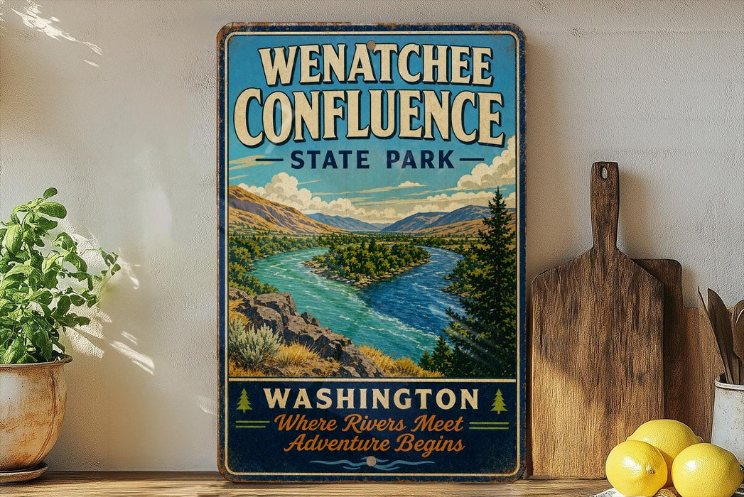 A vintage-style sign for Wenatchee Confluence State Park, featuring a scenic illustration of a river surrounded by mountains and lush vegetation.