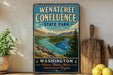 A vintage-style sign for Wenatchee Confluence State Park, featuring a scenic illustration of a river surrounded by mountains and lush vegetation.